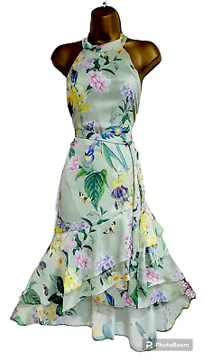 LIPSY LONDON Size 14 NEW Light Green Satin Frill Ruffle Tiered Occasion Dress • £34.99