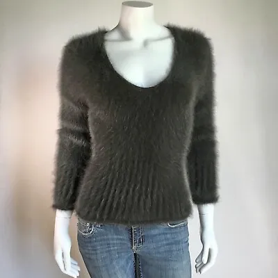 80% Angora Fuzzy Vintage EXPRESS Brown V-Neck Pullover Sweater 34 In Bust • $89.99