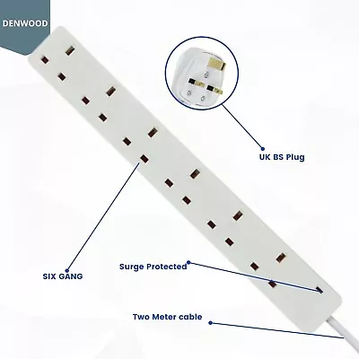 6 Gang Way 2 Meter Extension Lead Socket With Neon Indicator  (2m) - UK BS Plug • £8.99