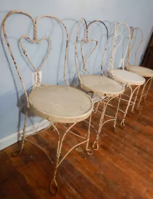 Set Of 4 Wrought Iron Ice Cream Parlor Chair Bar Stool Heart Back Shabby White • $195