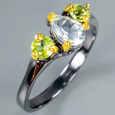  Vintage Style Natural Blue Topaz And Peridot 925 Sterling Silver Ring  / RVS327 • $9.99