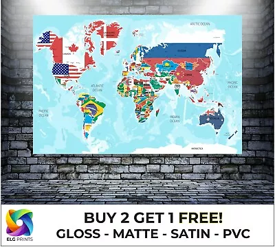 LAMINATED World Map Atlas Country Flags Names Large Poster Art Print Gift A1 A2 • £14.99