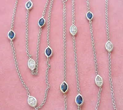 ART DECO 3.41ctw MARQUISE DIAMOND & SAPPHIRE BY-THE-YARD 18K 32” CHAIN NECKLACE • $2299