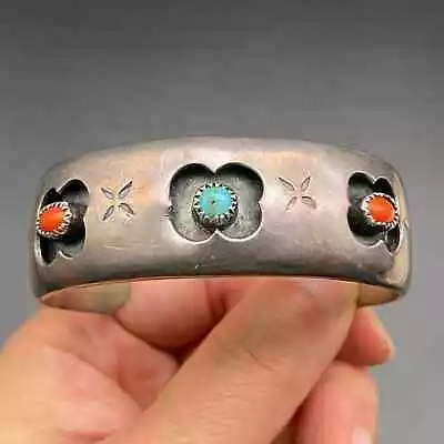 Vintage Navajo Shadowbox Turquoise Coral Hand Stamped Silver Cuff Bracelet 6-3/4 • $325