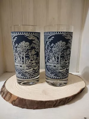 Vintage Currier And Ives Blue & White Old Grist Mill Tumbler 12 Oz Set Of 2 • $8