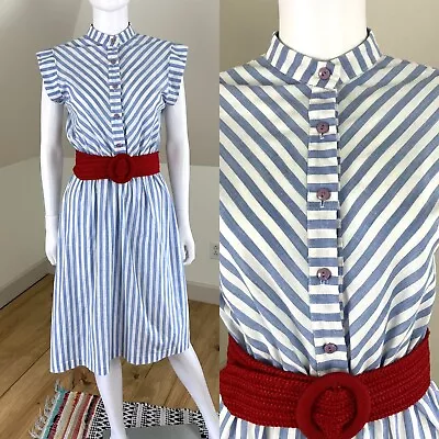 Vintage 80s Striped Blue White Sleeveless M Midi Sectretary Dress Shirtwaist • $25