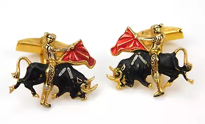 Vintage Damascene Enamel Matador Bull Gold Tone Cufflinks Signed Spain 1  • $39.99