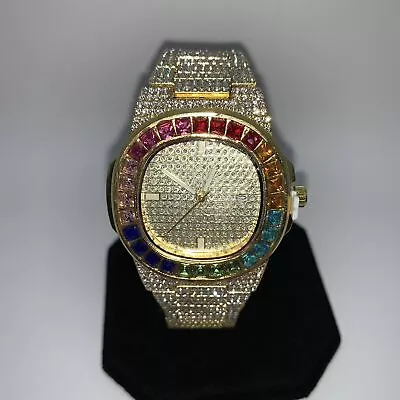 Unisex Iced Out Gold Colour Rainbow CZ Gemstone Studded Wristwatch • £24.99