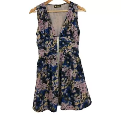 AngelEye Sleeveless Floral Deep V Neck Zipper Front Shirred Waist Mini Dress SP • $31