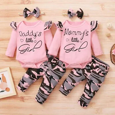 Newborn Baby Girl Matching Outfits Romper Bodysuit Camo Pants Headband Clothes • $26.39