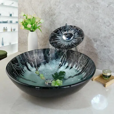 UK Shinny Round Bathroom Glass Basin Bowl Vessel Sink Mixer Tap Waste Drain Set • £145
