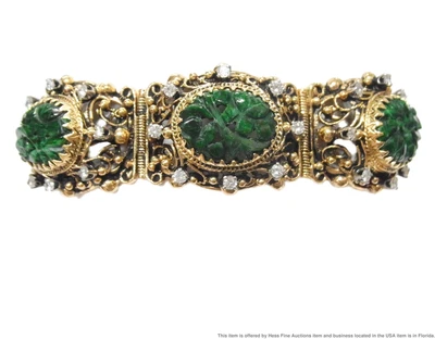 £0.81 • Buy Vintage Carved Jadeite Jade 2ctw Diamond 14k Gold Filigree Signed Bracelet 63gr