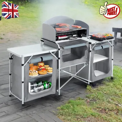 Camping Kitchen Cook Table Cupboard Stand Folding Storage Portable Outdoor BBQ • £59.99