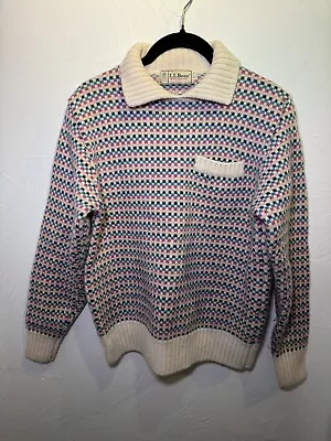 VINTAGE LL Bean Knit Collared Sweater  Wool Blend  Women's Size L Bl/Pnk/Yllw • $50