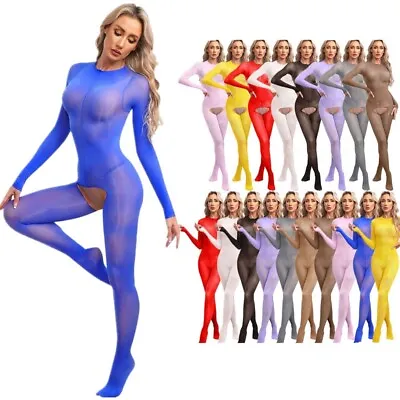 Women's Sheer Glossy Bodystocking Open Crotch Bodysuit See Through Jumpsuit  • $13.58