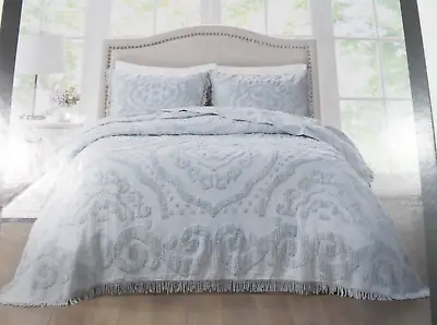 Martha Stewart Collection Queen New Tufted Medallion Chenille Lt Blue Bedspread • $40.49