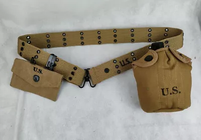 WW2 US AMRY SOLDIER EQUIPMENT BELT First Aid Kit Pocket & USMC M1910 CANTEEN SET • $46.99