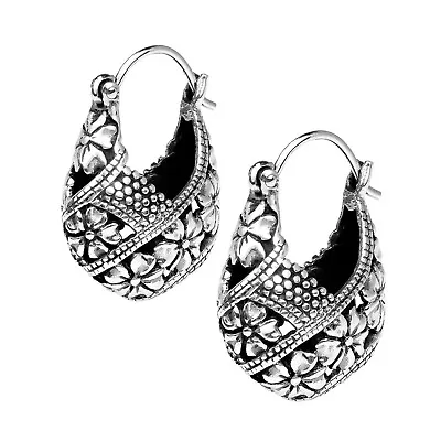 Gorgeous Bali Flower V-Lock Boho Basket Hoop Sterling Silver Vintage Earrings • $24.99