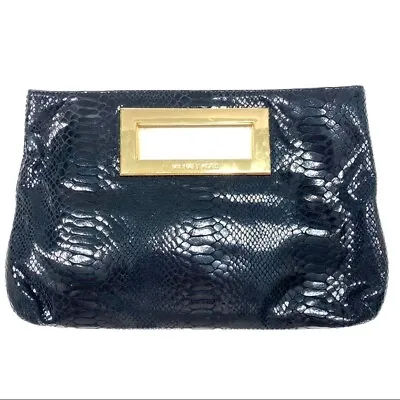 Michael Kors Berkley Black Shinny Embossed Snakeskin Leather Clutch Handbag • $54.99