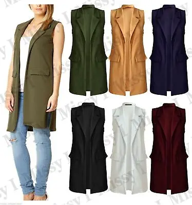 £9.99 • Buy Womens Ladies Crepe Sleeveless Waistcoat Long Blazer Cardigan Jacket Top 8-22