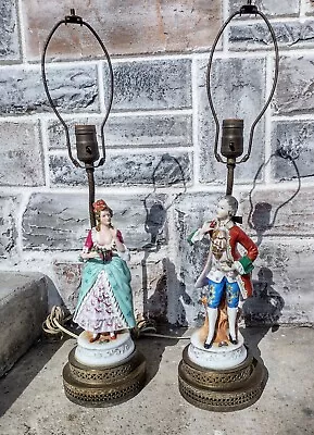Antique Vtg Pair French Colonial Man Woman Figural Porcelain Brass Table Lamps • $139.99