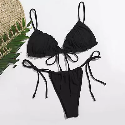 Swimsuit Solid Color Lace-up Solid Color Backless Triangular Bikini Two Piece • $26.47