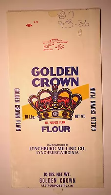 LARGE Vintage Paper Sack Bag - GOLDEN CROWN FLOUR LYNCHBURG MILLING VA 1976 • $18