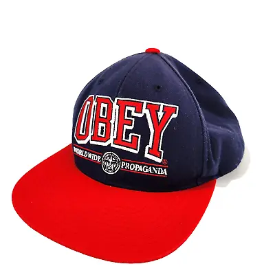 Obey Navy Blue & Red Hat Baseball Cap Adjustable Strap Worldwide Propaganda • $15