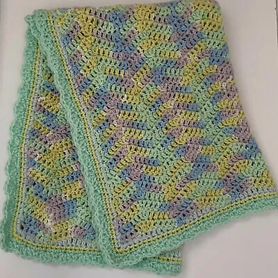 $26.39 • Buy Crocheted Baby Blanket Handmade Chevron Afghan Throw Pastels 25.5”x34.5”