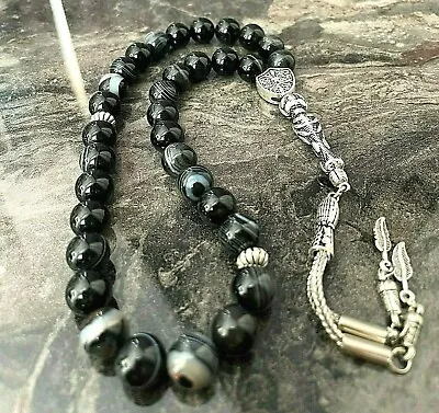 REAL Sulaiman Agate Stone Islamic Prayer 33 Beads Tasbih Misbaha Tasbeeh BIG! • $59.99