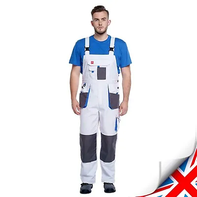 Work Trousers Men Bib And Brace Overalls Painters Decorators White-Blue • £21.49