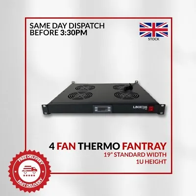 1U Thermostatic Fan Tray 19 Inch 4 Fan Rack Mount Unit UK Plug Data Cabs • £69