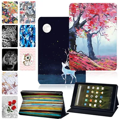 Printed PU Leather Tablet Case Cover For AMAZON Kindle Fire7 HD 10 HD 8 • £7.96