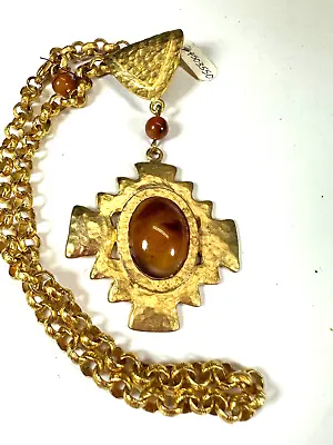 Vintage Necklace Etruscan Hammered Cross Simulated Amber  Costume 90s • $90