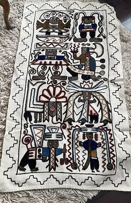 Vintage Aztec Embroidered Tapestry Hand Made  Wall Hanging 24.5” X 46” Mexican • $17