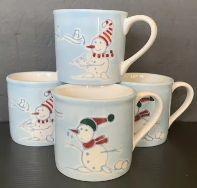 Eddie Bauer Holiday Christmas Blue Snowman Mugs Coffee Cups Set Of 4 • $35