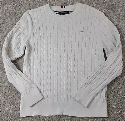 Tommy Hilfiger Classic White Cable Knit Sweater Signature Flag Logo Men's Medium • $11.99