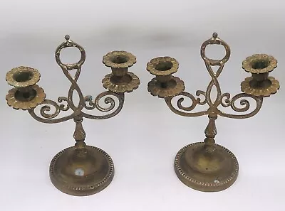 Vintage Pair Of Brass Candelabra 2 Arms 10” Candle Stick Holders Gorgeous Patina • $49.99