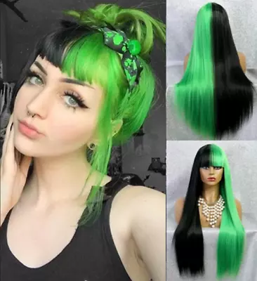 Long Straight Two Tone Wig Omble Black Green Wig Half Black Green Wig Synthetic • $19.29