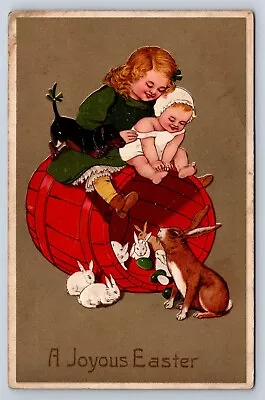 Postcard Joyous Easter Children & Dachshund Dog On Wood Barrel Rabbits 1910 AD26 • $16.99