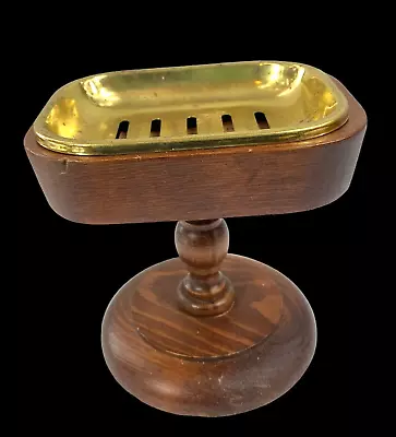 NEW Vintage MCM Wooden Soap Holder Stand With Brass Dish 5  Tall Retro NOS • $24.99