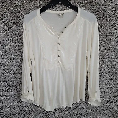 Lucky Brand Top Womens Large Ivory Velvet Accent Button Long Sleeve Casual • $15.29