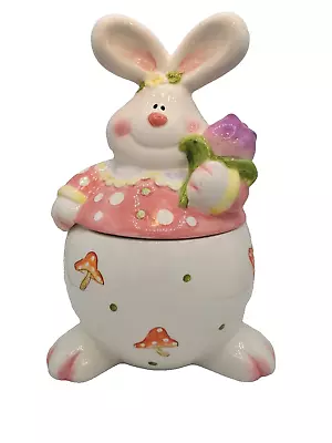 Easter Bunny Rabbit Cookie Jar Treat Holding Tulip And Mushrooms Spring 11.5  H • $35