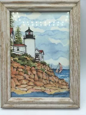 Vtg Signed Donna Elias 1994  Watercolor Bass Harbour Lighthouse Maine 8x6” • $30