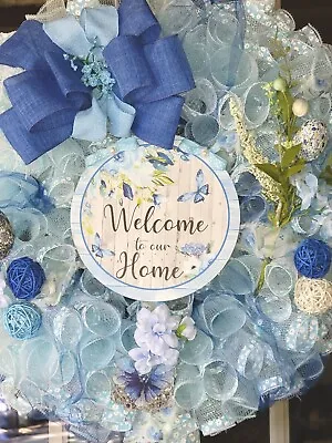 BLUE Spring Easter Everyday Deco Mesh Wreath Handmade • $54