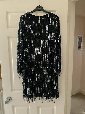 Zara Women Mini Dress With Fringing And Sequins Black Size XL Bnwot • £40