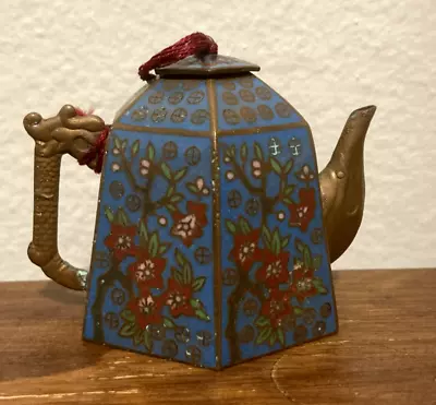 Vintage Chinese Blue Floral  Brass Cloisonné Small Enamel Teapot With Lid • $19.99