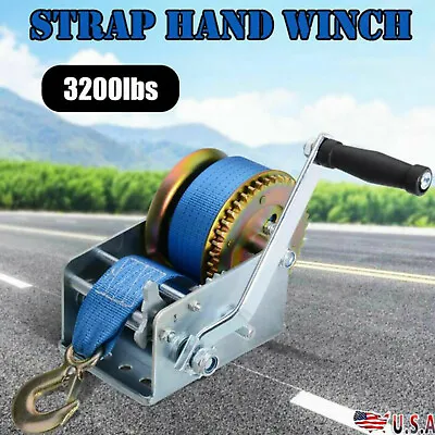 3200lbs Hand Winch Hand Crank Gear Winch Polyester Strap 2 Gear ATV Boat Trailer • $39.50