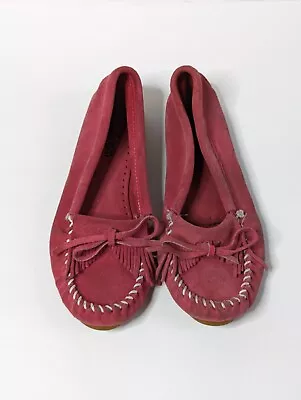 MINNETONKA Moccasins Women’s Shoe Size 9.5 Red Soft Sole Boho Fringe Shoes • $24.88