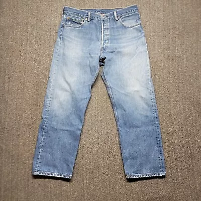 Levis 501 Jeans Mens 34x28 Blue Button Fly Straight Leg Medium Wash Denim Casual • $19.99
